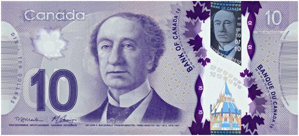 Канада: введена в обращение новая банкнота достоинством в 10 долларов, изготовленная на полимерной основе. 
